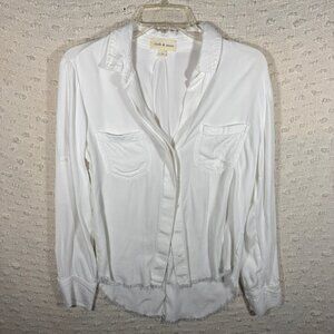 Cloth & Stone Small White Button Down Shirt V Neck Frayed Hem Minimal Beach